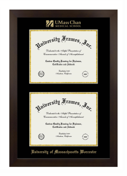 University of Massachusetts Worcester Double Degree (Stacked) Frame in Manhattan Espresso with Black & Gold Mats for document: 8 1/2"h x 11"w  , document: 8 1/2"h x 11"w  