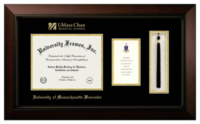 University of Massachusetts Worcester Diploma with Announcement & Tassel Box Frame in Legacy Black Cherry with Black & Gold Mats for document: 8 1/2"h x 11"w  , diploma: 7"h x 4"w  