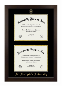 St. Matthew's University Double Degree (Stacked) Frame in Manhattan Espresso with Black & Gold Mats for document: 8 1/2"h x 11"w  , document: 8 1/2"h x 11"w  
