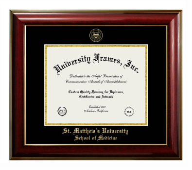 St. Matthew's University School of Medicine Diploma Frame in Classic Mahogany with Gold Trim with Black & Gold Mats for document: 8 1/2"h x 11"w  