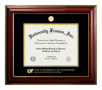 University of Tennessee Health Science Center Diploma Frame in Classic Mahogany with Gold Trim with Black & Gold Mats for DOCUMENT: 8 1/2"H X 11"W  