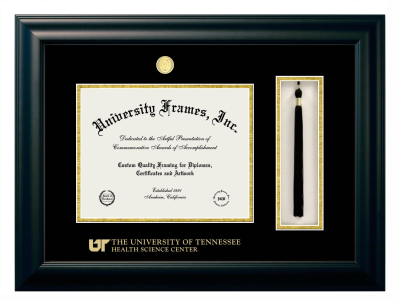 University of Tennessee Health Science Center Diploma with Tassel Box Frame in Satin Black with Black & Gold Mats for DOCUMENT: 8 1/2"H X 11"W  