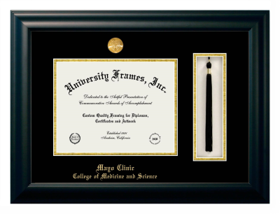 Mayo Clinic College of Medicine and Science Diploma with Tassel Box Frame in Satin Black with Black & Gold Mats for DOCUMENT: 8 1/2"H X 11"W  