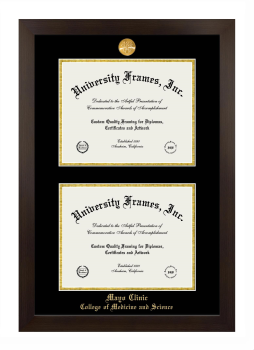 Mayo Clinic College of Medicine and Science Double Degree (Stacked) Frame in Manhattan Espresso with Black & Gold Mats for document: 8 1/2"h x 11"w  , document: 8 1/2"h x 11"w  