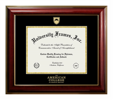 The American College of Financial Services Diploma Frame in Classic Mahogany with Gold Trim with Black & Gold Mats for document: 8 1/2"h x 11"w  