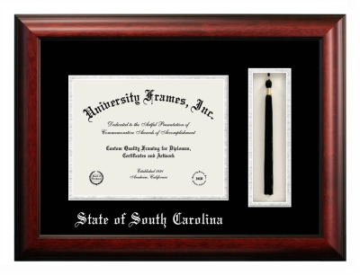 State of South Carolina Diploma with Tassel Box Frame in Satin Mahogany with Black & Silver Mats for document: 8 1/2"h x 11"w  