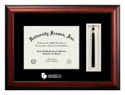 University of Portsmouth Diploma with Tassel Box Frame in Satin Mahogany with Black & Silver Mats for document: 8 1/2"h x 11"w  