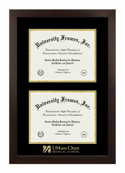 UMass Chan Medical School Wordmark Double Degree (Stacked) Frame in Manhattan Espresso with Black & Gold Mats for document: 8 1/2"h x 11"w  , document: 8 1/2"h x 11"w  