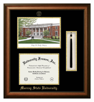 Murray State University Double Opening with Campus Image & Tassel Box (Stacked) Frame in Satin Walnut with Black & Gold Mats for DOCUMENT: 8 1/2"H X 11"W  