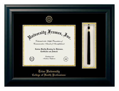 Trine University College of Health Professions Diploma with Tassel Box Frame in Satin Black with Black & Gold Mats for document: 8 1/2"h x 11"w  