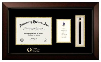 Florida Gulf Coast University Diploma with Announcement & Tassel Box Frame in Legacy Black Cherry with Black & Gold Mats for document: 8 1/2"h x 11"w  , diploma: 7"h x 4"w  