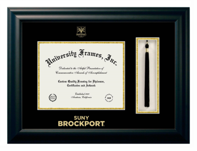 SUNY Brockport Diploma with Tassel Box Frame in Satin Black with Black & Gold Mats for DOCUMENT: 8 1/2"H X 11"W  