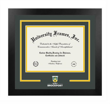 SUNY Brockport Logo Mat Frame in Manhattan Black with Forest Green & Amber Mats for document: 8 1/2"h x 11"w  
