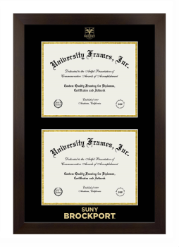 SUNY Brockport Double Degree (Stacked) Frame in Manhattan Espresso with Black & Gold Mats for document: 8 1/2"h x 11"w  , document: 8 1/2"h x 11"w  