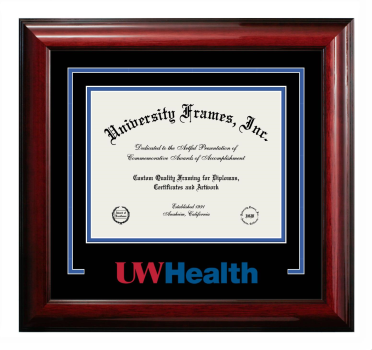 Logo Mat Frame in Classic Mahogany with Black & Royal Blue Mats for DOCUMENT: 8 1/2"H X 11"W  