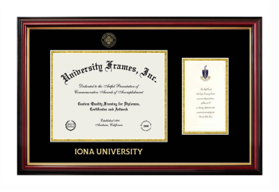 Iona University Diploma with Announcement Frame in Petite Mahogany with Gold Trim with Black & Gold Mats for document: 8 1/2"h x 11"w  , diploma: 7"h x 4"w  