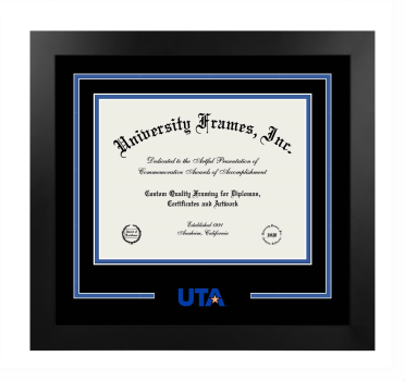 University of Texas at Arlington Logo Mat Frame in Manhattan Black with Black & Royal Blue Mats for DOCUMENT: 8 1/2"H X 11"W  
