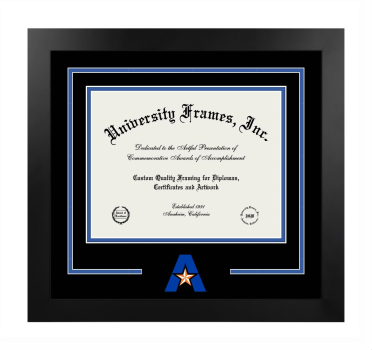 University of Texas at Arlington Logo Mat Frame in Manhattan Black with Black & Royal Blue Mats for DOCUMENT: 8 1/2"H X 11"W  