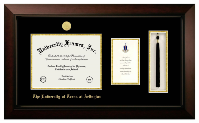 University of Texas at Arlington Diploma with Announcement & Tassel Box Frame in Legacy Black Cherry with Black & Gold Mats for DOCUMENT: 8 1/2"H X 11"W  ,  7"H X 4"W  