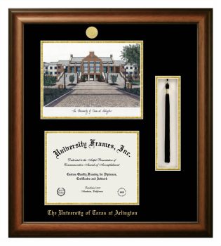 University of Texas at Arlington Double Opening with Campus Image & Tassel Box (Stacked) Frame in Satin Walnut with Black & Gold Mats for DOCUMENT: 8 1/2"H X 11"W  