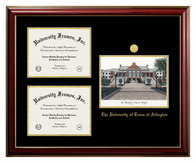 University of Texas at Arlington Triple Opening with Campus Image Frame in Classic Mahogany with Gold Trim with Black & Gold Mats for DOCUMENT: 8 1/2"H X 11"W  , DOCUMENT: 8 1/2"H X 11"W  