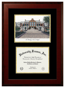 University of Texas at Arlington Double Opening with Campus Image (Unimprinted Mat) Frame in Honors Mahogany with Black & Gold Mats for DOCUMENT: 8 1/2"H X 11"W  