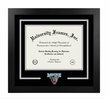 University of Maine Logo Mat Frame in Manhattan Black with Black & Gray Mats for DOCUMENT: 8 1/2"H X 11"W  