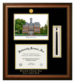 University of Nevada Reno School of Public Health Double Opening with Campus Image & Tassel Box (Stacked) Frame in Satin Walnut with Black & Gold Mats for document: 8 1/2"h x 11"w  