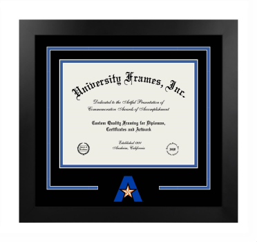 University of Texas at Arlington College of Nursing Logo Mat Frame in Manhattan Black with Black & Royal Blue Mats for document: 8 1/2"h x 11"w  