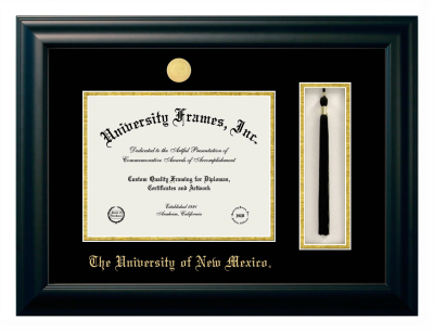 University of New Mexico Diploma with Tassel Box Frame in Satin Black with Black & Gold Mats for DOCUMENT: 8 1/2"H X 11"W  