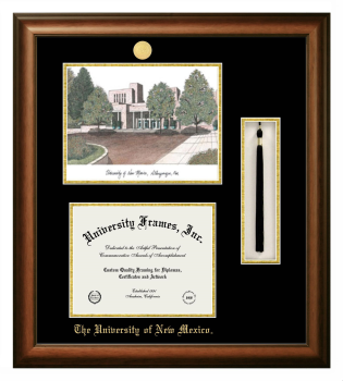 University of New Mexico Double Opening with Campus Image & Tassel Box (Stacked) Frame in Satin Walnut with Black & Gold Mats for document: 8 1/2"h x 11"w  