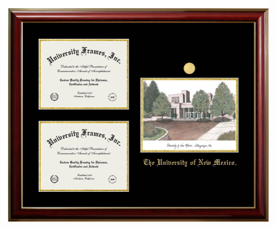 University of New Mexico Triple Opening with Campus Image Frame in Classic Mahogany with Gold Trim with Black & Gold Mats for document: 8 1/2"h x 11"w  , document: 8 1/2"h x 11"w  