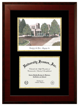 University of New Mexico Double Opening with Campus Image (Unimprinted Mat) Frame in Honors Mahogany with Black & Gold Mats for document: 8 1/2"h x 11"w  