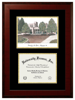University of New Mexico Double Opening with Campus Image (Unimprinted Mat) Frame in Honors Mahogany with Black & Gold Mats for DOCUMENT: 8 1/2"H X 11"W  