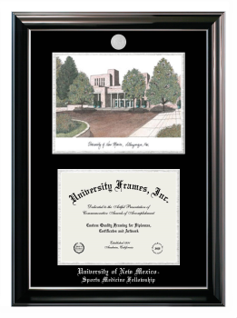 University of New Mexico Sports Medicine Fellowship Double Opening with Campus Image (Stacked) Frame in Classic Ebony with Silver Trim with Black & Silver Mats for document: 8 1/2"h x 11"w  
