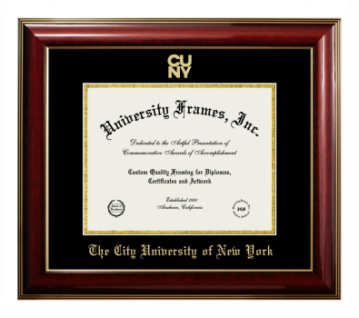 The City University of New York Diploma Frame in Classic Mahogany with Gold Trim with Black & Gold Mats for DOCUMENT: 8 1/2"H X 11"W  