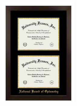 National Board of Optometry Double Degree (Stacked) Frame in Manhattan Espresso with Black & Gold Mats for document: 8 1/2"h x 11"w  , document: 8 1/2"h x 11"w  