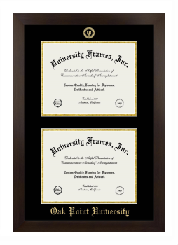 Oak Point University Double Degree (Stacked) Frame in Manhattan Espresso with Black & Gold Mats for document: 8 1/2"h x 11"w  , document: 8 1/2"h x 11"w  