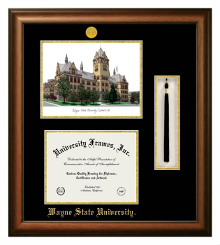 Wayne State University Double Opening with Campus Image & Tassel Box (Stacked) Frame in Satin Walnut with Black & Gold Mats for DOCUMENT: 8 1/2"H X 11"W  