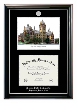 Wayne State University School of Social Work Double Opening with Campus Image (Stacked) Frame in Classic Ebony with Silver Trim with Black & Silver Mats for document: 8 1/2"h x 11"w  