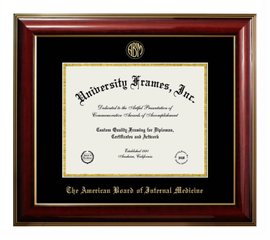 American Board of Internal Medicine Diploma Frame in Classic Mahogany with Gold Trim with Black & Gold Mats for DOCUMENT: 8 1/2"H X 11"W  