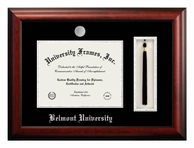 Belmont University Diploma with Tassel Box Frame in Satin Mahogany with Black & Silver Mats for DOCUMENT: 8 1/2"H X 11"W  