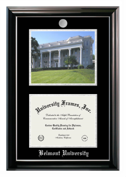 Belmont University Double Opening with Campus Image (Stacked) Frame in Classic Ebony with Silver Trim with Black & Silver Mats for DOCUMENT: 8 1/2"H X 11"W  