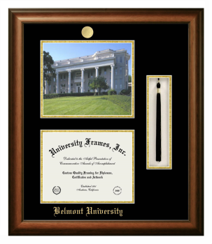 Belmont University Double Opening with Campus Image & Tassel Box (Stacked) Frame in Satin Walnut with Black & Gold Mats for DOCUMENT: 8 1/2"H X 11"W  