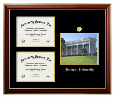 Belmont University Triple Opening with Campus Image Frame in Classic Mahogany with Gold Trim with Black & Gold Mats for DOCUMENT: 8 1/2"H X 11"W  , DOCUMENT: 8 1/2"H X 11"W  