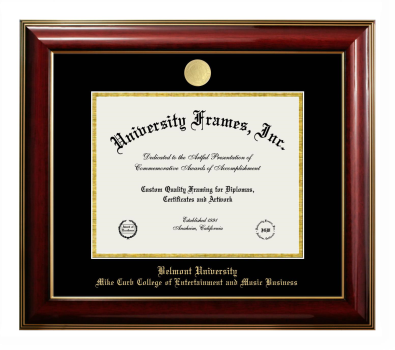 Belmont University Mike Curb College of Entertainment and Music Business Diploma Frame in Classic Mahogany with Gold Trim with Black & Gold Mats for DOCUMENT: 8 1/2"H X 11"W  