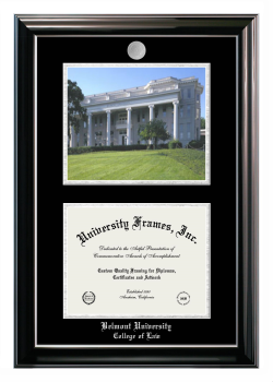 Belmont University College of Law Double Opening with Campus Image (Stacked) Frame in Classic Ebony with Silver Trim with Black & Silver Mats for document: 8 1/2"h x 11"w  