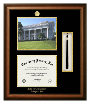 Belmont University College of Law Double Opening with Campus Image & Tassel Box (Stacked) Frame in Satin Walnut with Black & Gold Mats for document: 8 1/2"h x 11"w  