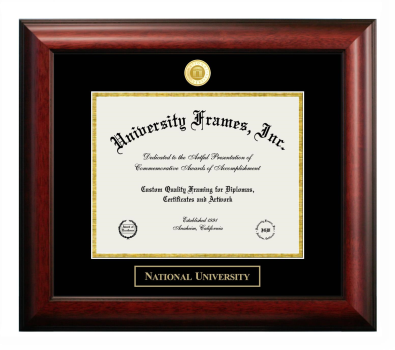 National University Diploma Frame in Satin Mahogany with Black & Gold Mats for DOCUMENT: 8 1/2"H X 11"W  