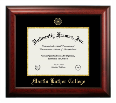 Martin Luther College Diploma Frame in Satin Mahogany with Black & Gold Mats for DOCUMENT: 8 1/2"H X 11"W  
